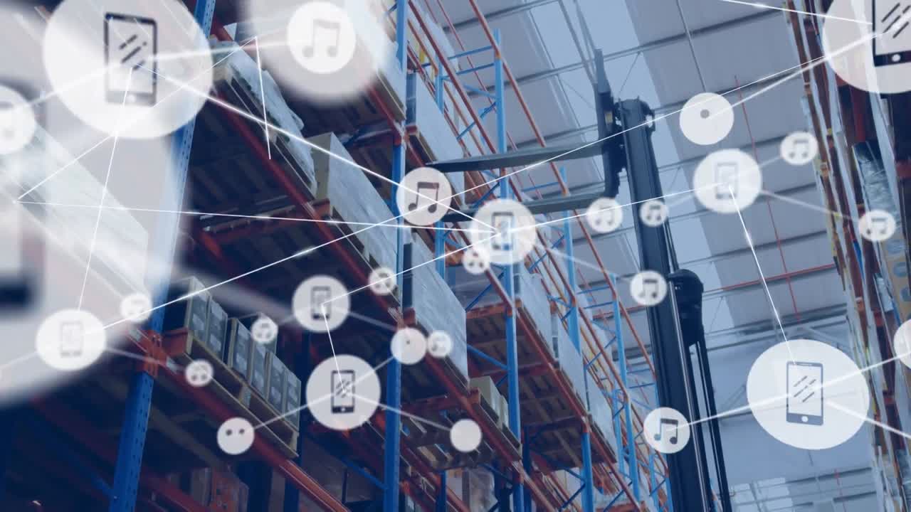 창고 위의 아이콘과 연결 네트워크의 애니메이션