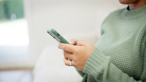 woman, phone and hands typing in social media