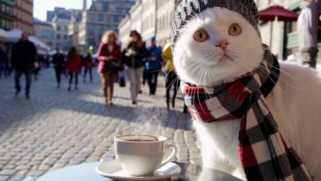 cat in a hat and scarf enjoying a coffee on the street