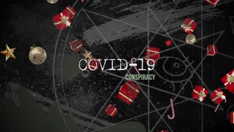 animation of covid 19 conspiracy text with candy canes and christmas decorations falling