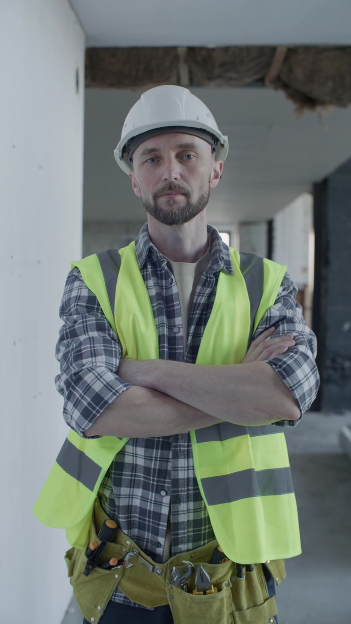 Portrait of Confident Builder Posing with Arms Crossed at Construction Site