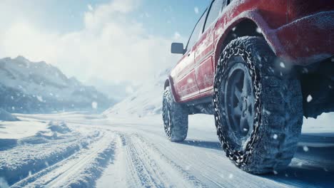 red suv driving through snowy mountains