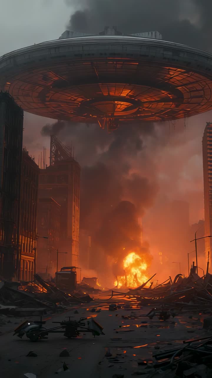 Vertical video: Explosion igniting fire on devastated street with metallic saucer hovering in smoke