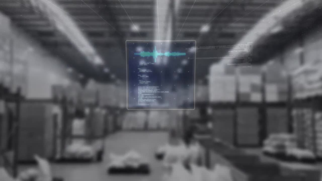 Animation of digital screen with diverse data over blurred warehouse