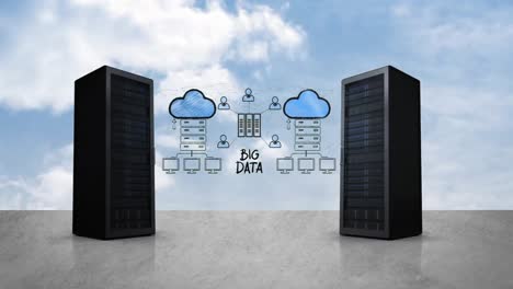 dos torres de servidores y un mapa de almacenamiento en la nube
