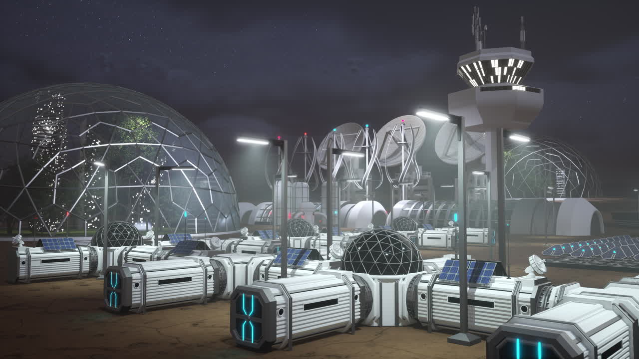 Futuristic colony featuring modular habitat structures under hazardous night sky