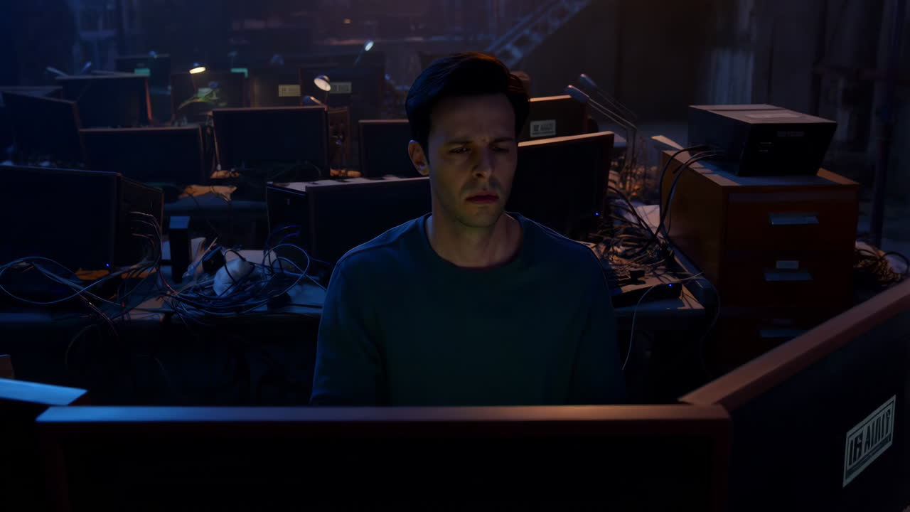 Man Experiencing Stress and Exhaustion While Working with Computers