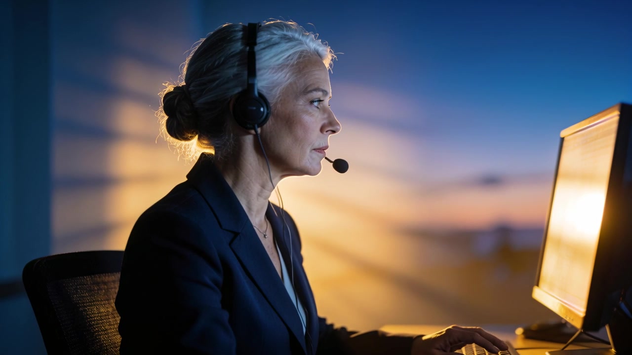 Mulher sênior de blazer digitando, reagindo ao brilho do monitor em sua mesa de escritório, usando fone de ouvido e teclado.