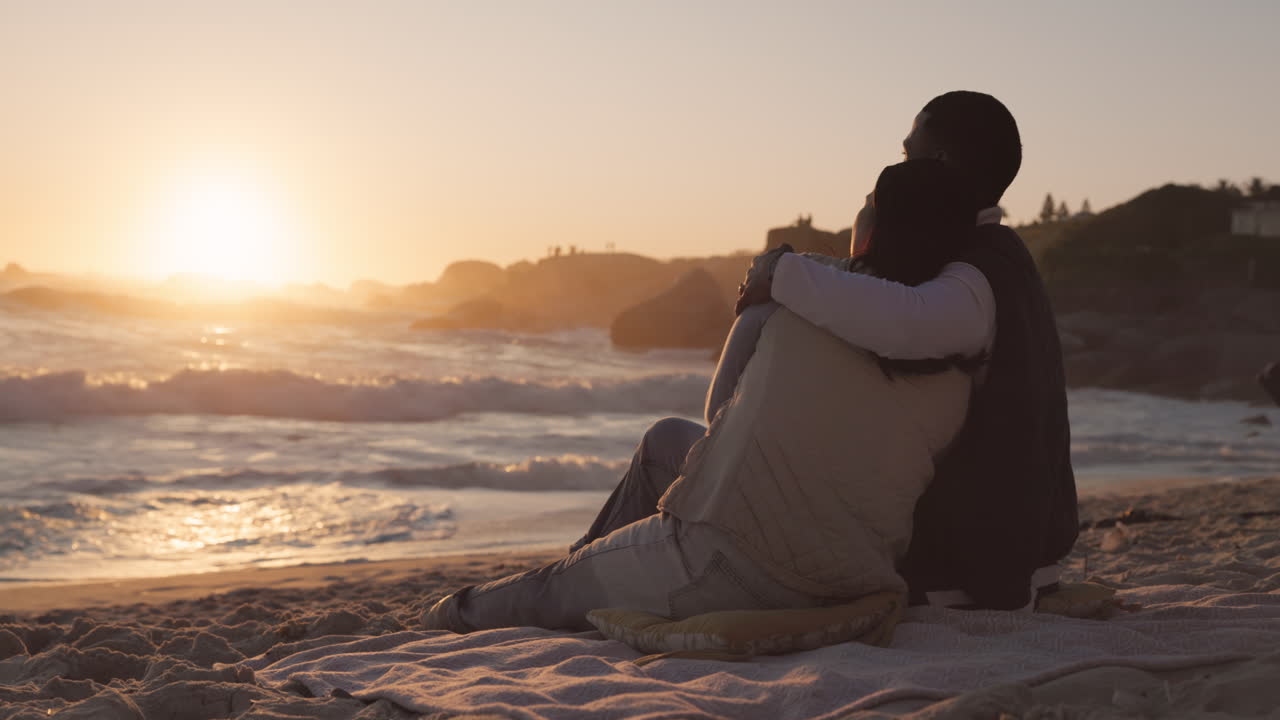 Couple, sunset and beach with love