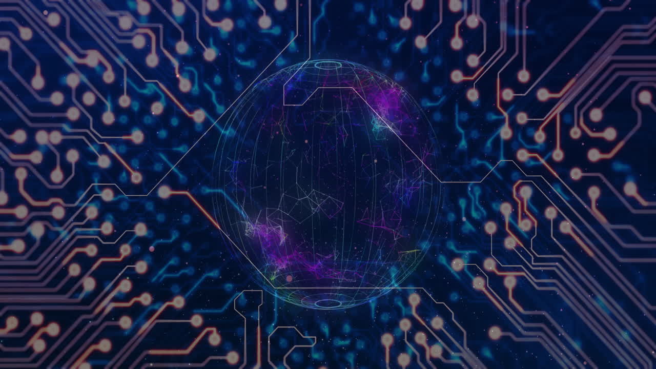 Glowing connections and circuit patterns forming digital globe in animation design