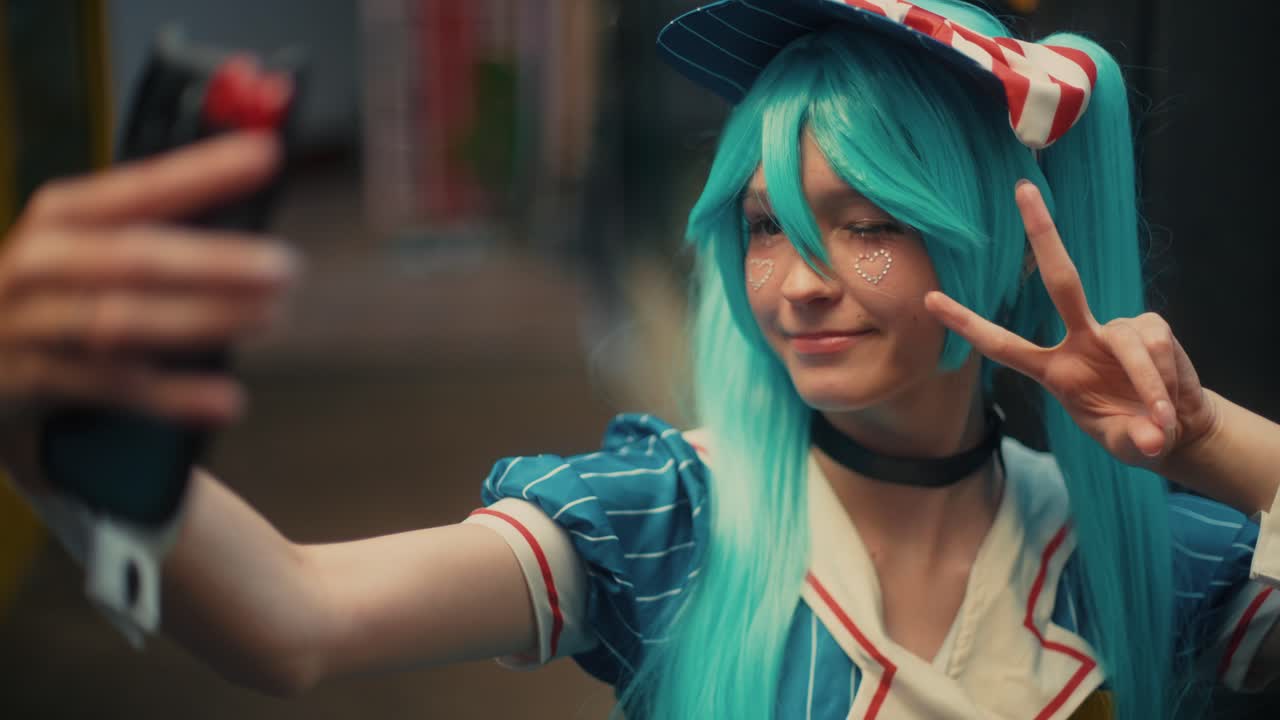 Teenager in Hatsune Miku Cosplay taking a Selfie