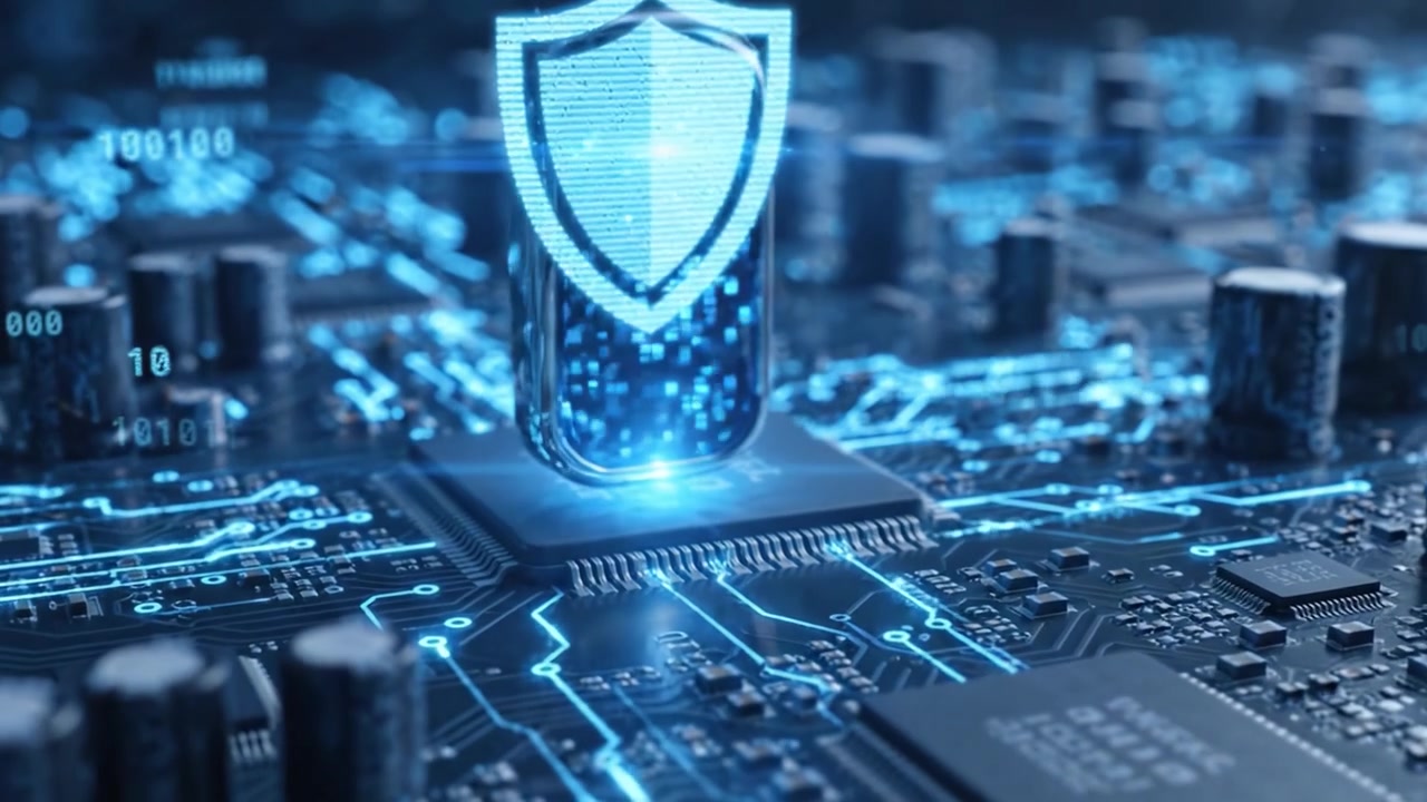 Exploring the Intersection of Data Security and Digital Innovation: A USB Device and Shield Icon representing cybersecurity measures on a high-tech circuit board
