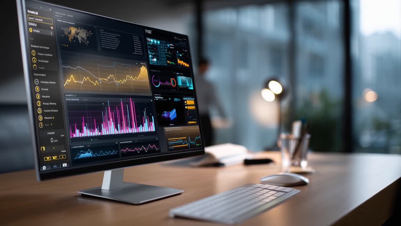 Dynamic Data Visualization: A Modern Workspace with High-Tech Monitor Displaying Analytical Graphs, Statistics, and Metrics for Informed Decision-Making