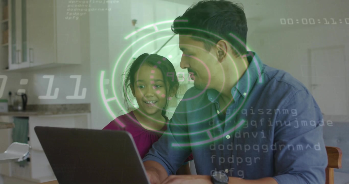 Dad typing on laptop for tech, starting green HUD on screen, bonding with child leaning smiling