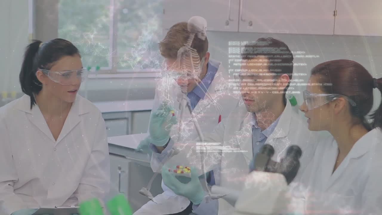 animación del esqueleto humano y procesamiento de datos sobre diversos científicos en el laboratorio