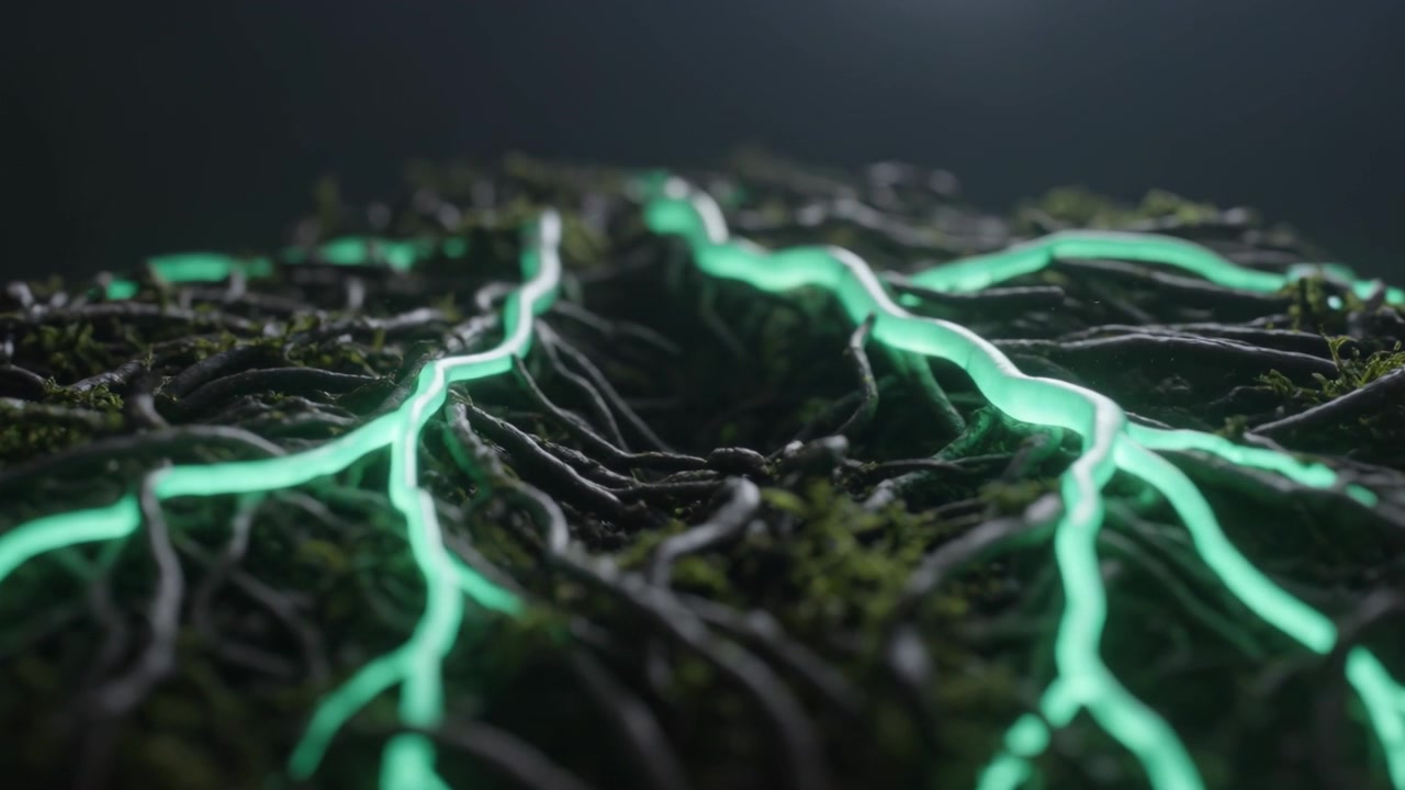 Panning camera revealing central ridge in studio macro, showing dark cords, neon-green veins, moss