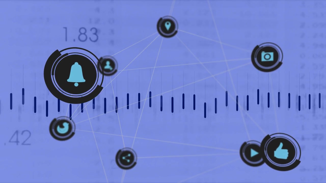 Vertical video: Animating UI group, user icon sparking wave, cam growing to show alerts on UI plane