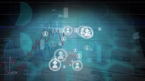 Animation-of-profile-icons-and-statistical-data-processing-over-newspaper-printed-on-rolls-of-paper