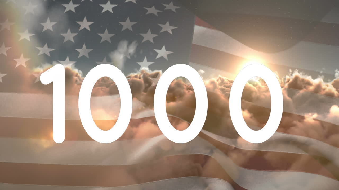 animación de números de contador sobre nubes y bandera de ee.uu.