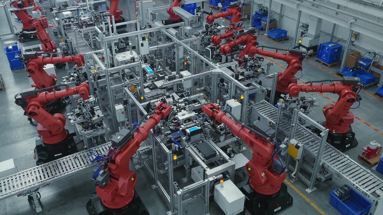 Advanced Robotics Automation: A Comprehensive View of a Sophisticated Assembly Line Featuring Numerous Red Robotic Arms Working in Harmony
