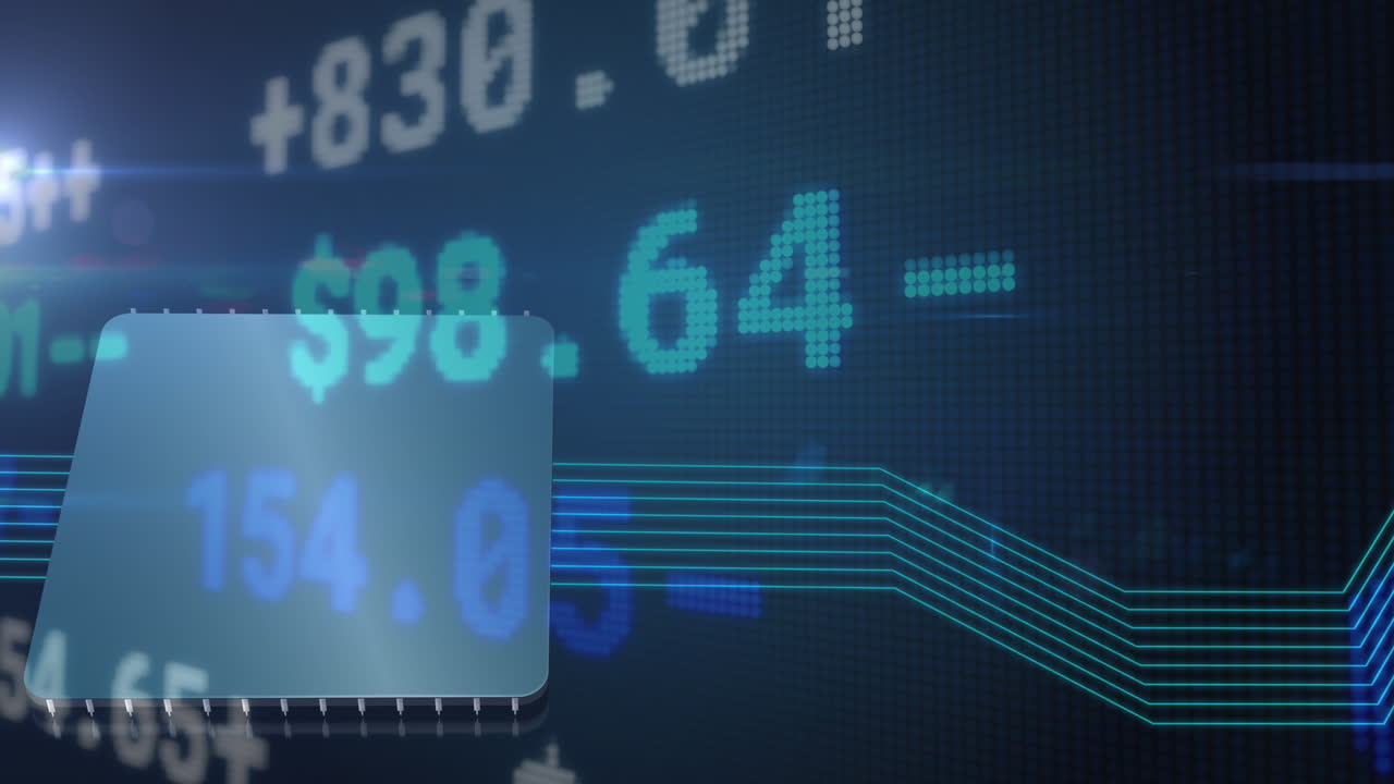 Animation of financial data processing over computer chip and blue links