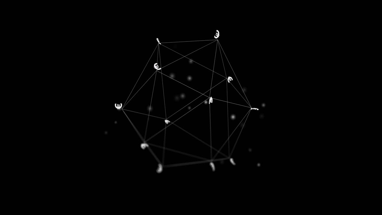 animación de la red con procesamiento de datos y signos del euro sobre fondo negro