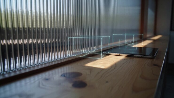 Appearing cyan wireframe moving to tablet on wood ledge, aligning to register on screen, copy space