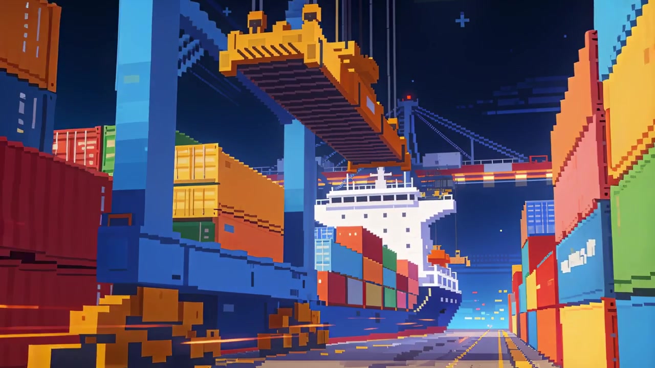 Lowering gantry crane aligning spreader over moored container ship at quay, enabling cargo transfer