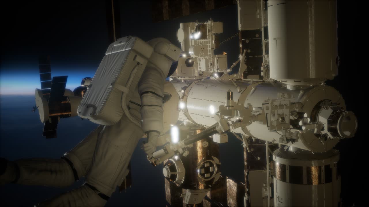 международная космическая станция и астронавт в космическом пространстве над планетой земля