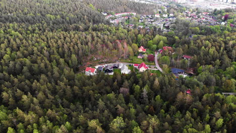 vista aérea hacia atrás de un barrio nórdico escondido por un vasto bosque exuberante