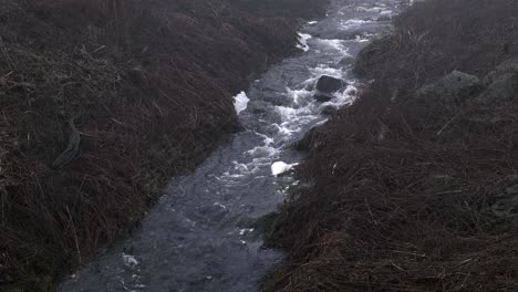 a narrow stream flows through dry grass and rocks on a misty day in the countryside