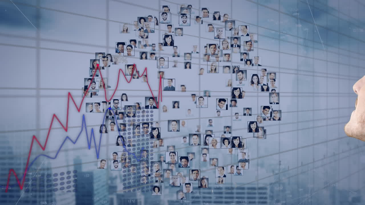 animación del procesamiento de datos financieros sobre fotos de un grupo de empresarios