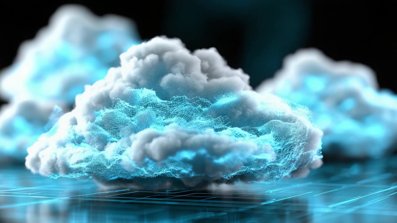 Digital Cloud Formation: A Futuristic Representation of Data Storage and Virtual Environments Through Dynamic Cloud Structures and Neon Light Effects