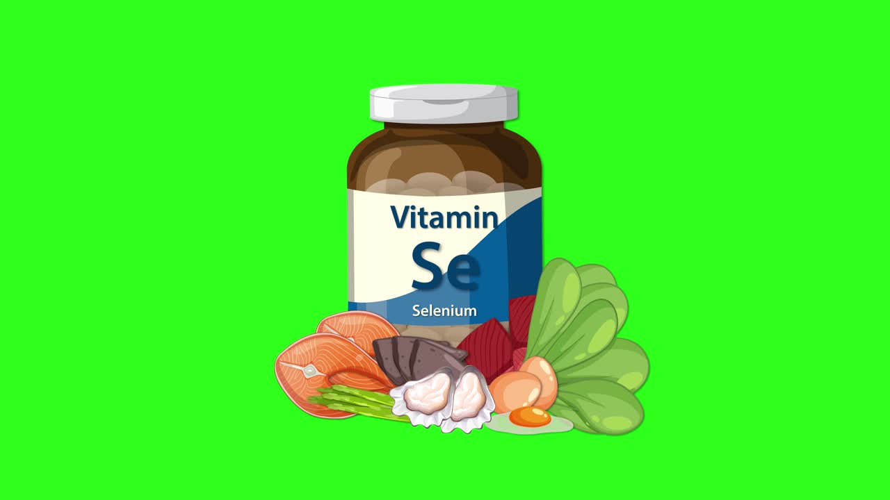 Selenium supplement bottle with vegetables and seafood appears on green screen, smooth animated transitions