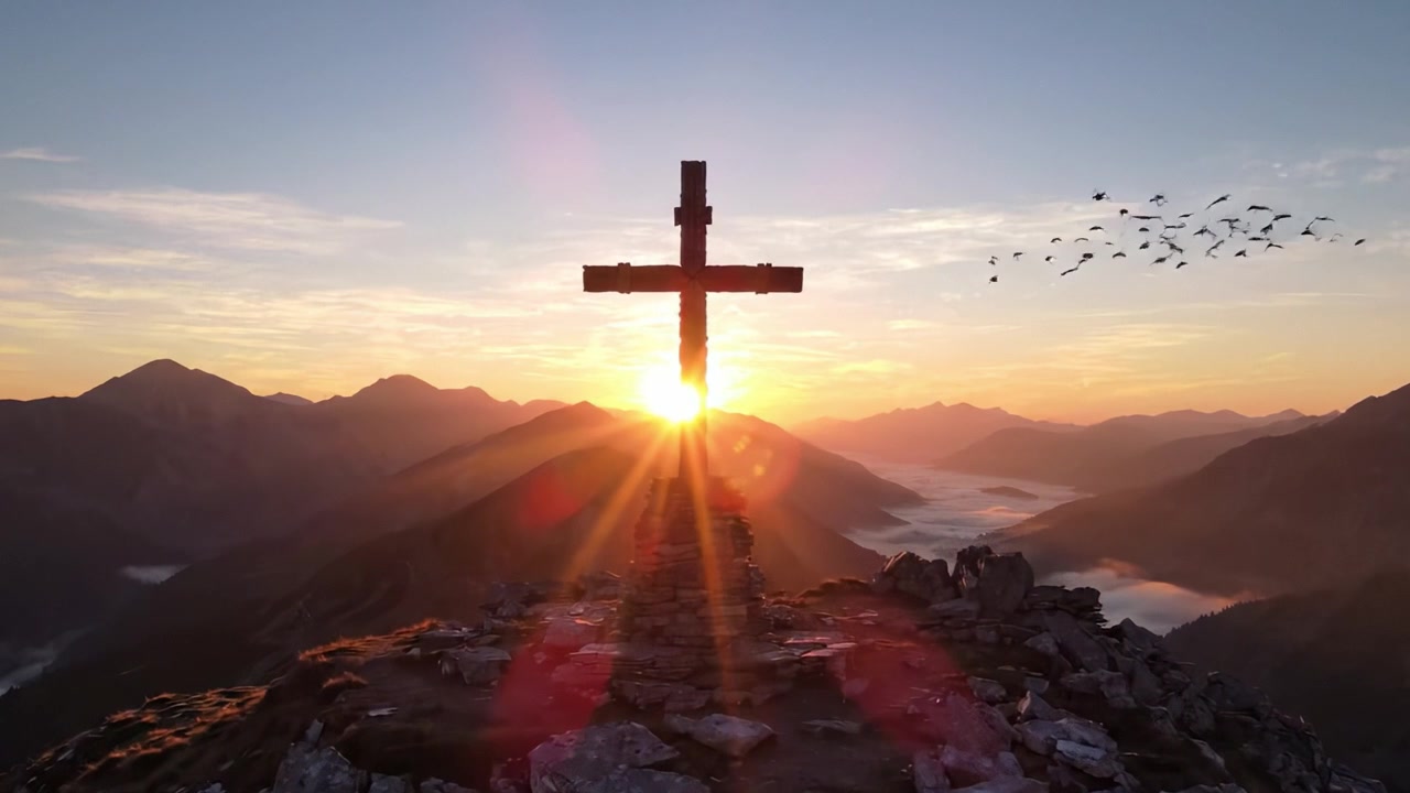 Fantastisk soloppgang bak et kors på en fjelltopp, som belyser det betagende landskapet med levende farger og en rolig atmosfære