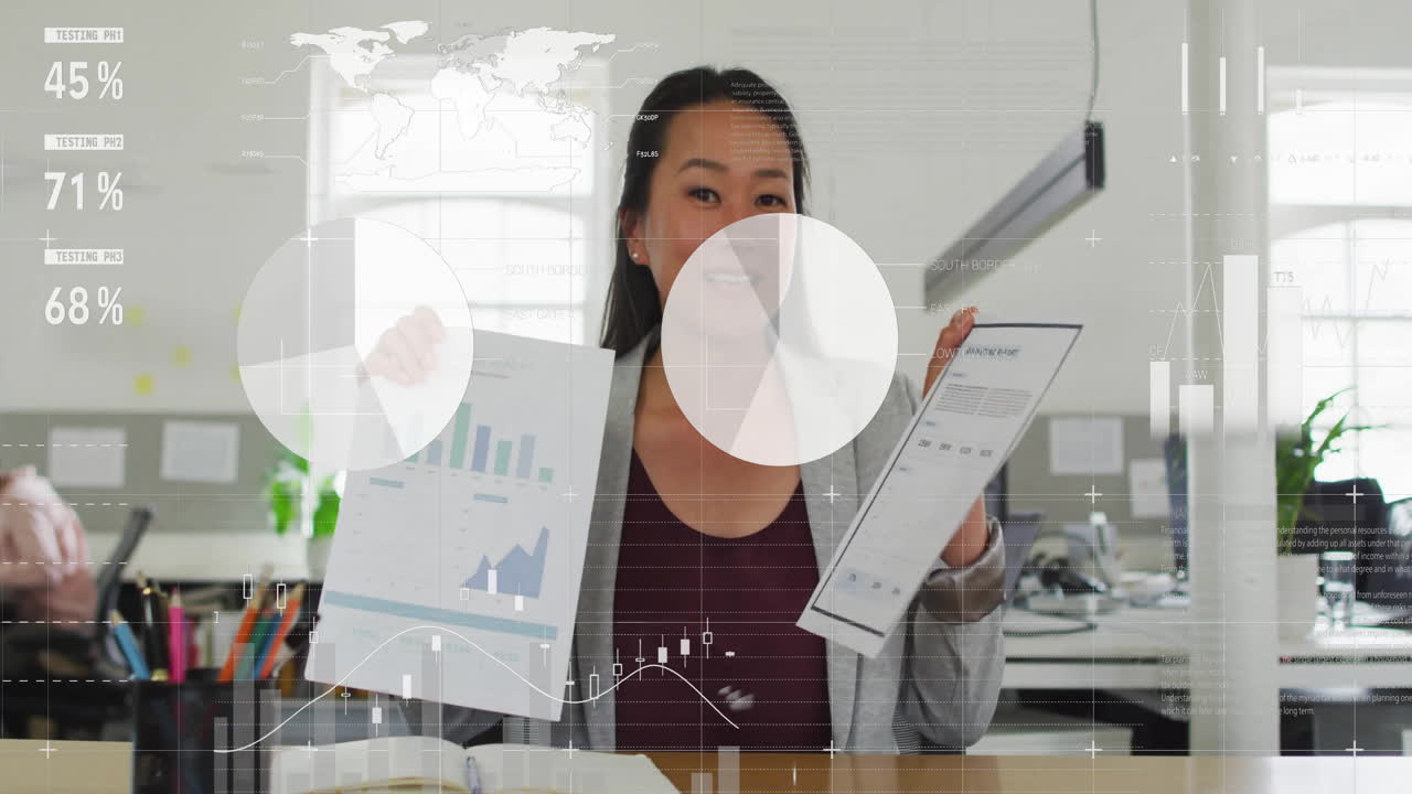 Businesswoman presenting charts with data analytics animation overlay in office