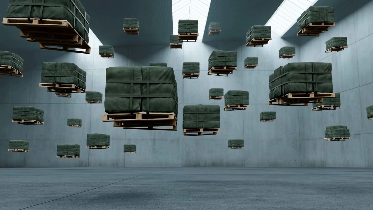 Grandi fasci verdi avvolti in tela pendono da pallet di legno all'interno di un magazzino in cemento con soffitto alto, creando file sfalsate di stoccaggio, colore tenue, luce soffusa e una tranquilla scala industriale