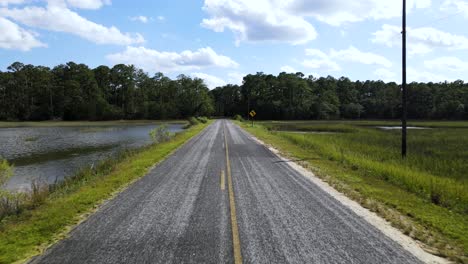 A-straight-asphalt-road-leading-to-a-forest-and-a-yellow-left-turn-sign-by-the-side-of-the-road