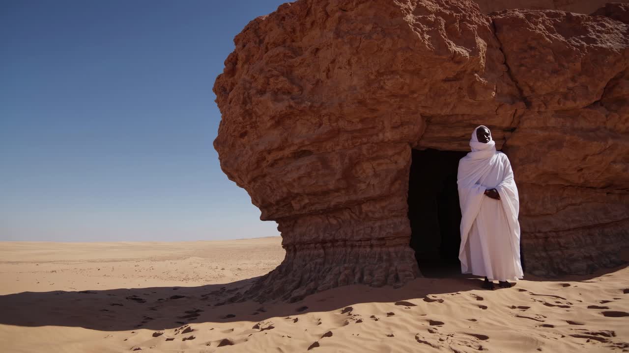 Individual in flowing white attire stands before a rocky cave entrance, gazing into the vast desert landscape, embodying a moment of reflection and connection with nature