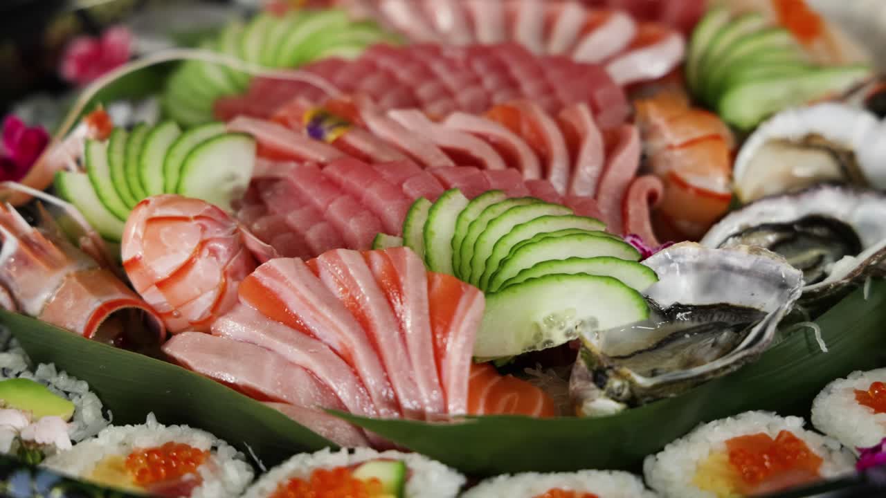 una variedad colorida de sushi delicadamente arreglada.