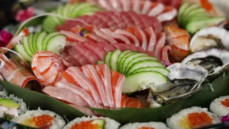 a colorful array of sushi delicately arranged.