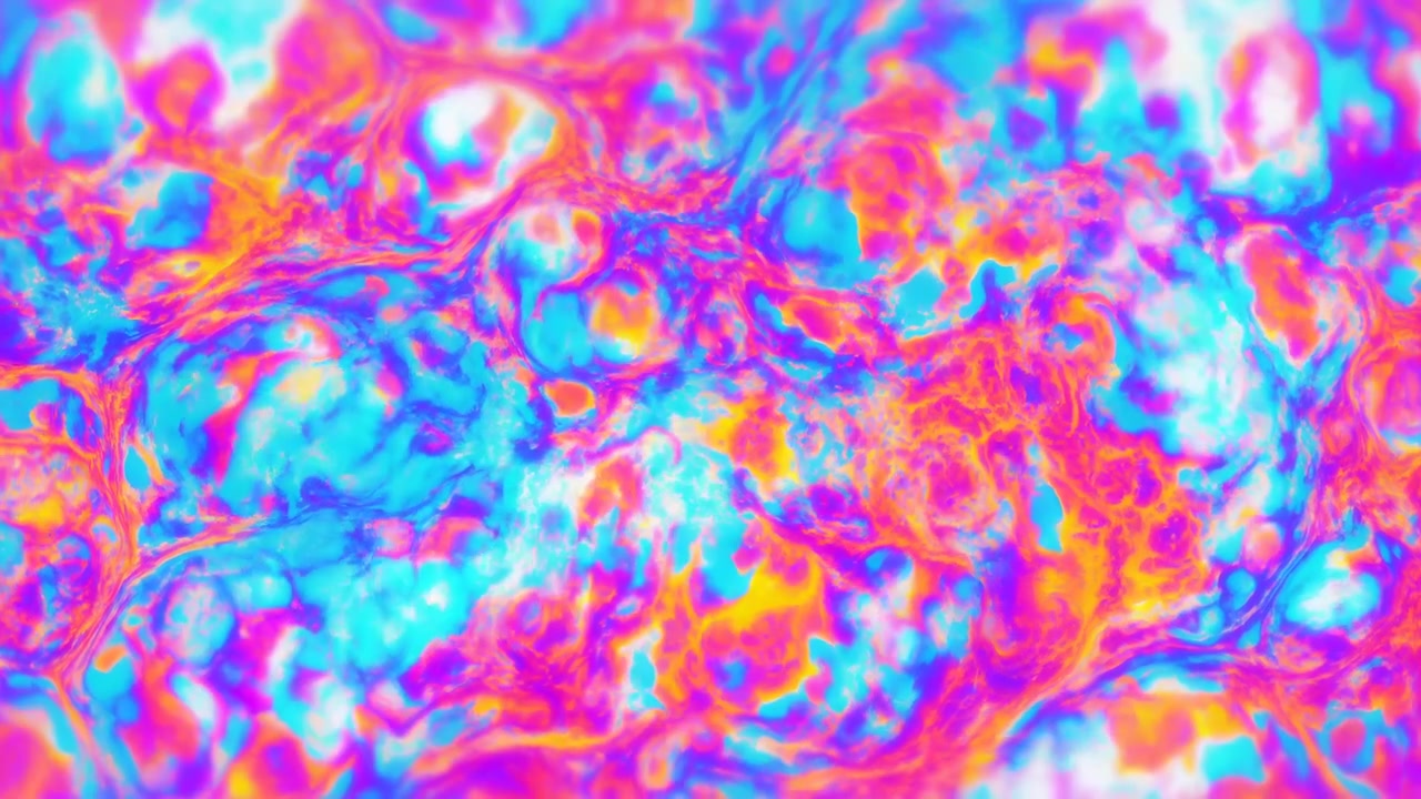 Forme marmorizzate luminose si trasformano e fluttuano continuamente attraverso una composizione a pieno formato, con correnti ciano e magenta che si intrecciano attraverso aree arancioni, viola e bianche luminose.
