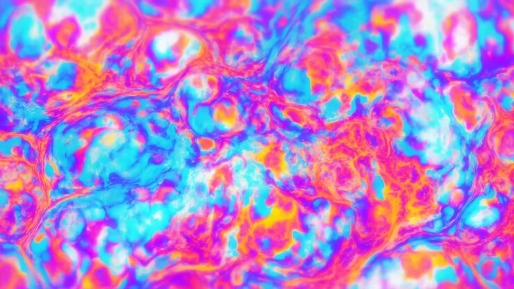 Forme marmorizzate luminose si trasformano e fluttuano continuamente attraverso una composizione a pieno formato, con correnti ciano e magenta che si intrecciano attraverso aree arancioni, viola e bianche luminose.