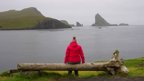 mujer sentada en un tronco mirando a drangarnir y tindholmur en vagar, islas feroe