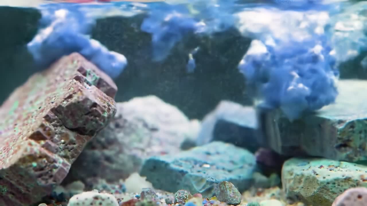 An Underwater Exploration of Colorful Submerged Rocks Interacting with Vibrant Bubbles and Flowing Pigments in a Captivating Aquatic Scene
