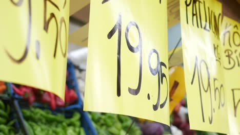 close-up of price tags at a market stall