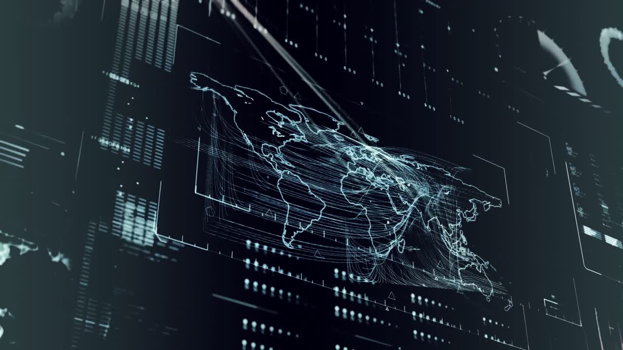Animation of interface with data processing over world map against grey background