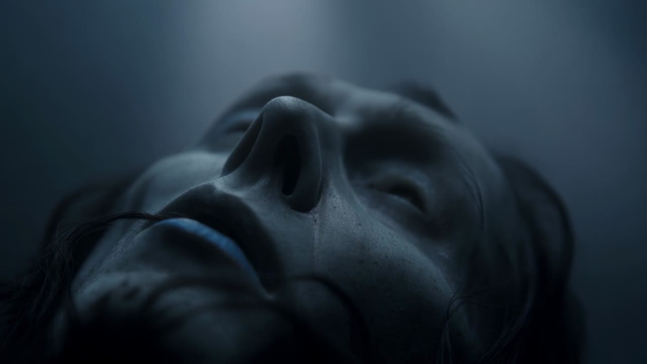 Donna che risponde sollevando gli occhi verso un debole raggio blu in una camera umida e angusta, con i capelli bagnati