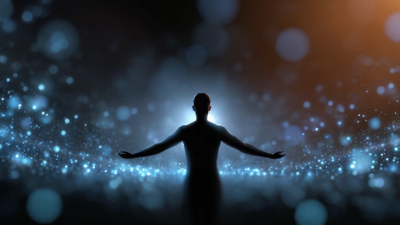 Silhouette of a Person Embracing Light and Energy in a Cosmic Setting, Surrounded by Vibrant Glowing Particles, Symbolizing Connection to the Universe