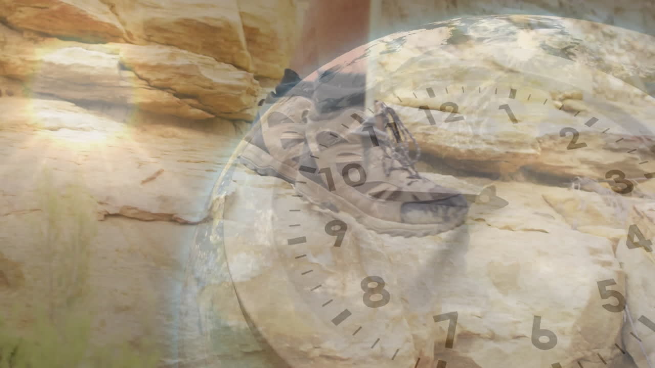 Hiker stepping on rock in outdoor adventure, trekking pole tip, analog clock overlay in lens flare